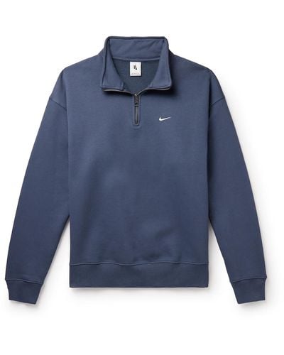 Nike Solo Swoosh Logo-embroidered Cotton-blend Jersey Half-zip Sweatshirt - Blue