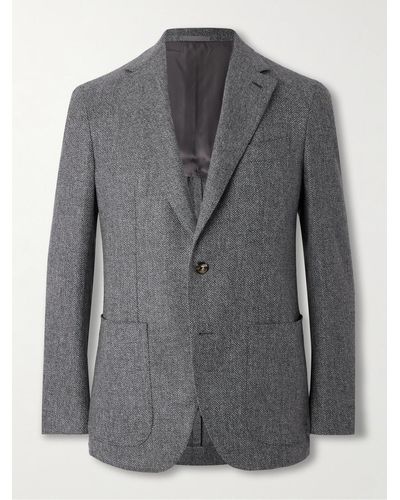 Caruso Slim-fit Herringbone Wool And Cashmere-blend Blazer - Grey