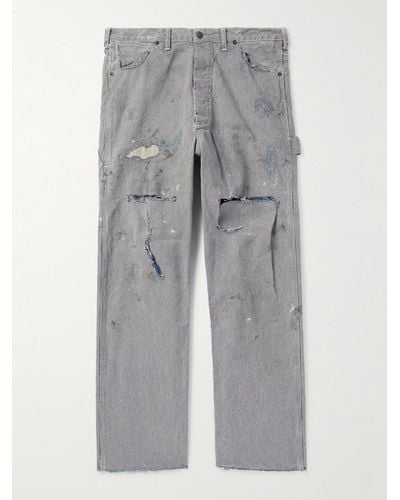 SAINT Mxxxxxx Straight-leg Distressed Striped Paint-splattered Jeans - Grey