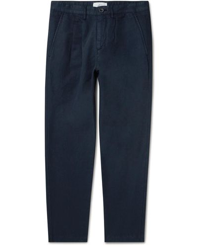 MR P. Straight-leg Pleated Garment-dyed Cotton And Linen-blend Pants - Blue