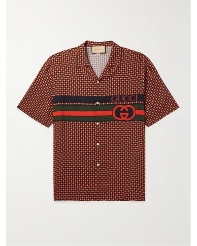 Gucci Camicia in seta stampata con colletto aperto e dettaglio a righe - Rosso