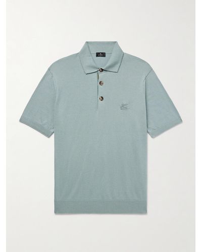 Etro Logo-embroidered Cotton And Cashmere-blend Polo Shirt - Blue
