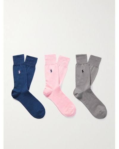 Polo Ralph Lauren Confezione da tre paia di calze in misto cotone con logo ricamato - Blu