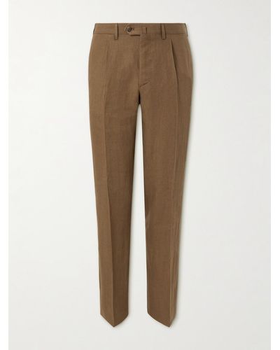 De Petrillo Straight-leg Pleated Linen Suit Trousers - Brown