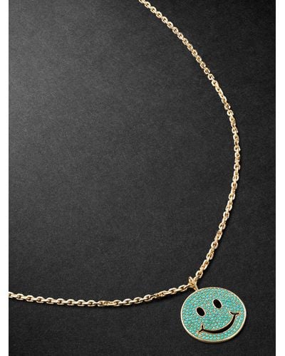 Sydney Evan Xl Happy Face Gold Turquoise Pendant Necklace - Black