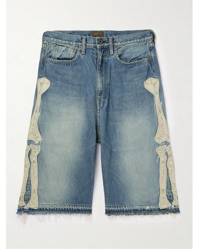 Kapital Wide-leg Distressed Appliquéd Denim Shorts - Blue
