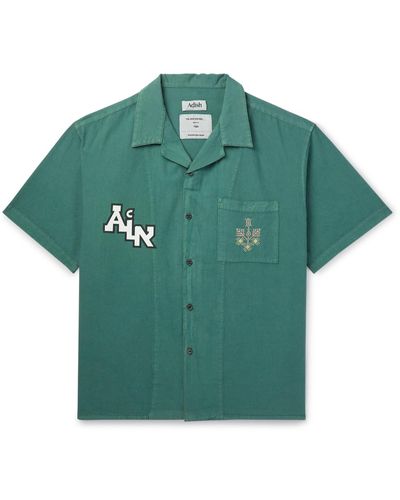 Adish The Inoue Brothers Camp-collar Logo-detailed Garment-dyed Cotton Shirt - Green