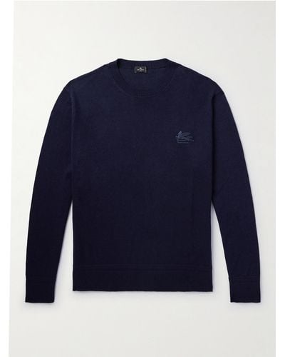 Etro Logo-embroidered Cotton And Cashmere-blend Jumper - Blue