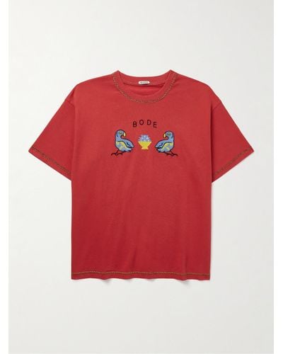 Bode Twin Parakeet T-Shirt aus Baumwoll-Jersey mit Logostickerei - Rot