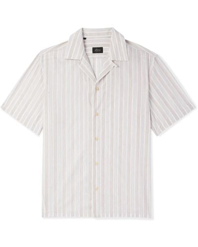 Brioni Convertible-collar Striped Cotton And Linen-blend Shirt - White