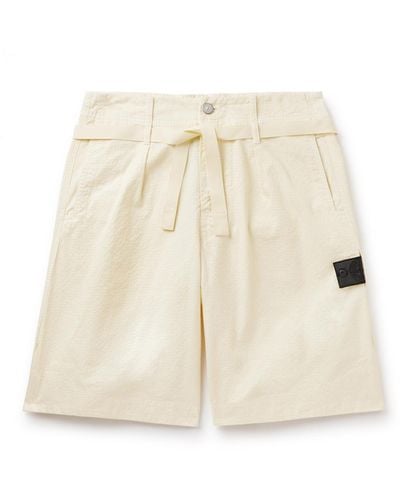 Stone Island Shadow Project Straight-leg Belted Cotton-blend Seersucker Shorts - Natural