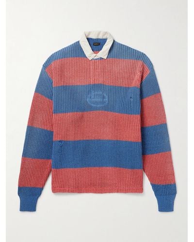 Kapital Rugger Distressed Striped Ribbed Cotton-blend Polo Shirt - Blue