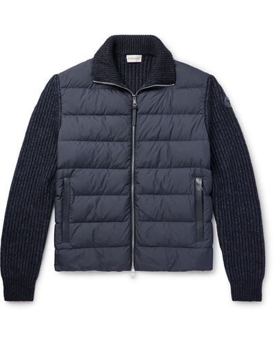 Moncler Leather-trimmed Quilted Shell And Ribbed Cotton And Wool-blend Down Jacket - Blue