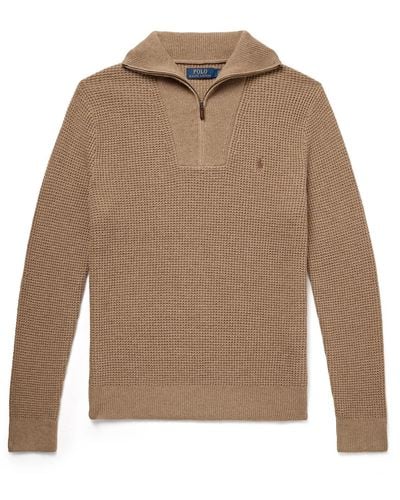 Polo Ralph Lauren Logo-embroidered Wool And Cotton-blend Half-zip Sweater - Natural