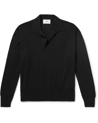 Ami Paris Logo-embroidered Merino Wool Polo Shirt - Black