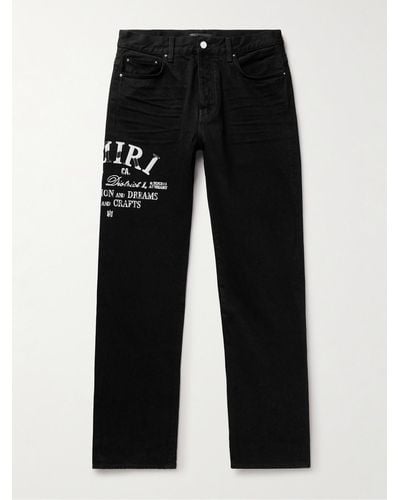 Amiri Straight-leg Distressed Leather-trimmed Logo-embroidered Jeans - Black
