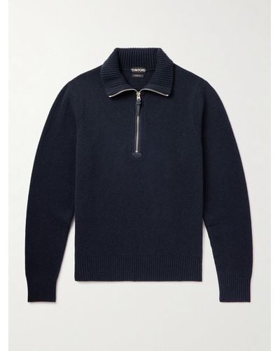 Tom Ford Pullover in misto lana con mezza zip - Blu
