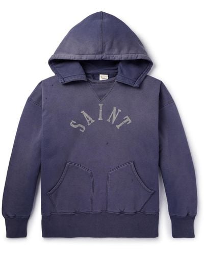 SAINT Mxxxxxx Logo-print Distressed Cotton-jersey Hoodie - Blue