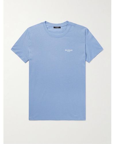 Balmain T-shirt in jersey di cotone con logo floccato - Blu
