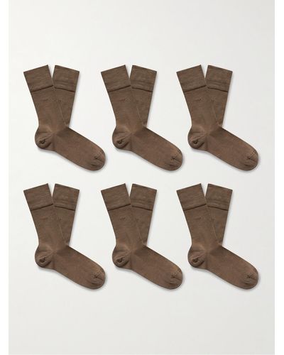 CDLP Six-pack Mercerised Organic Cotton-blend Socks - Brown