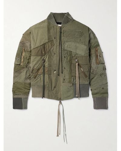 Greg Lauren Mixed Army Flight Patchwork Button-embellished Cotton Zip-up Jacket - Green