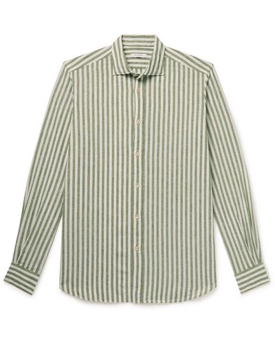 Boglioli Cutaway-collar Striped Linen And Cotton-blend Shirt - Green