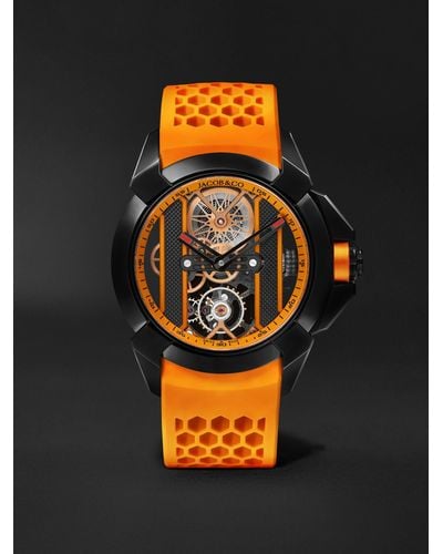 Jacob & Co Epic X Limited Edition Hand-wound Skeleton Chronograph 44mm Dlc-coated Stainless Steel And Rubber Watch - Orange