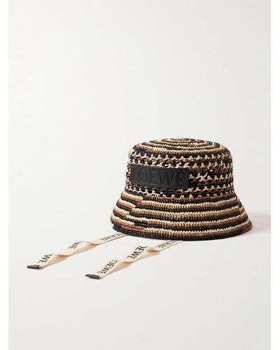 Loewe Paula's Ibiza Leather And Webbing-trimmed Striped Raffia Bucket Hat - Brown
