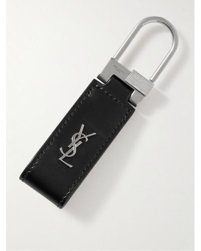Saint Laurent Logo-detailed Silver-tone And Leather Key Fob - Black