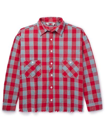 SAINT Mxxxxxx Distressed Checked Cotton-flannel Shirt - Red