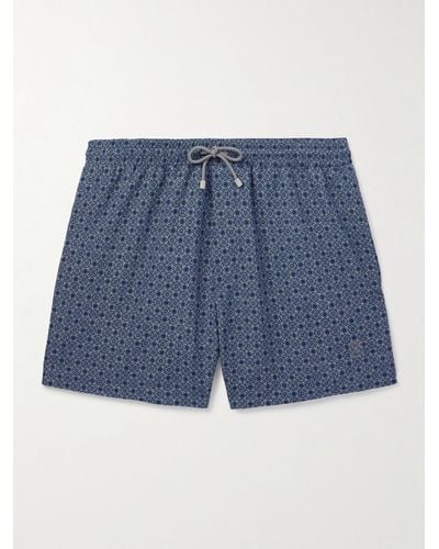 Brunello Cucinelli Shorts da mare corti a gamba dritta stampati con logo ricamato - Blu