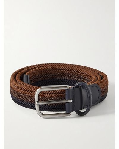Anderson's 3.5cm Leather-trimmed Woven Elastic Belt - Brown