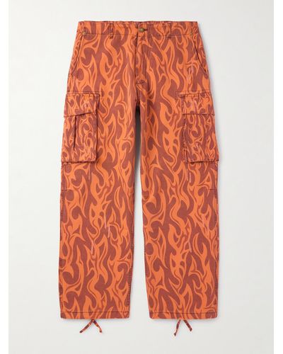 ERL Straight-leg Distressed Printed Cotton-canvas Cargo Trousers - Orange