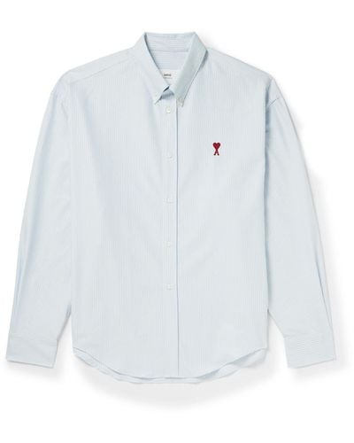 Ami Paris Button-down Collar Logo-embroidered Striped Cotton Oxford Shirt - White