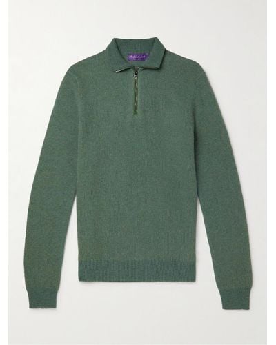 Ralph Lauren Purple Label Suede-trimmed Honeycomb-knit Cashmere Half-zip Jumper - Green