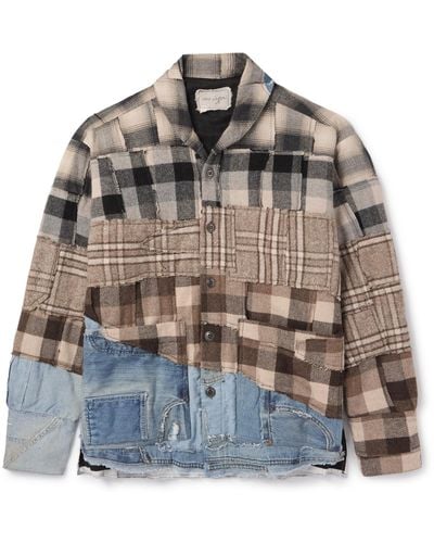 Greg Lauren Patchwork Denim-trimmed Checked Flannel Overshirt - Gray