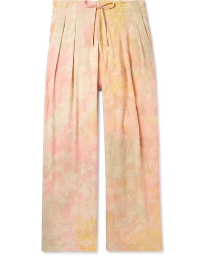 Monitaly Wide-leg Pleated Tie-dyed Cotton-gauze Drawstring Pants - Natural