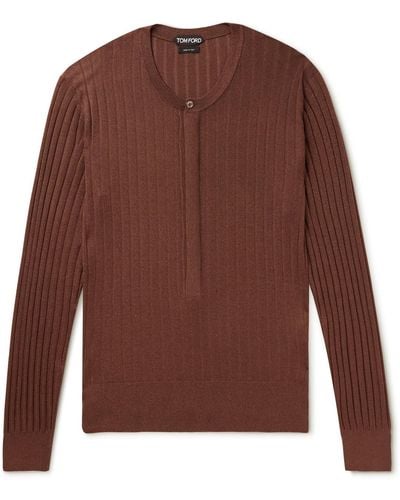 Tom Ford Slim-fit Ribbed Silk-blend Henley Sweater - Brown