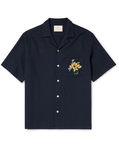 Portuguese Flannel Convertible-collar Embroidered Cotton-piqué Shirt - Blue