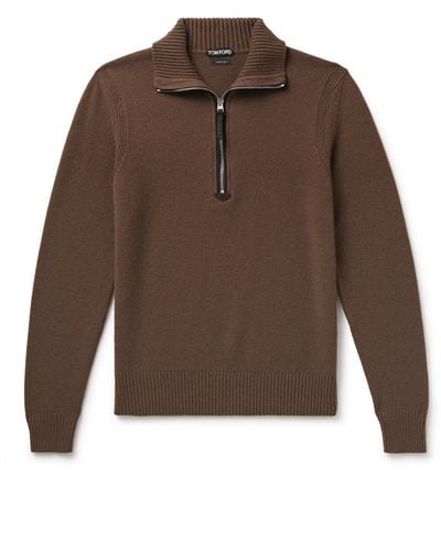 Tom Ford Suede-trimmed Wool-blend Half-zip Sweater - Brown