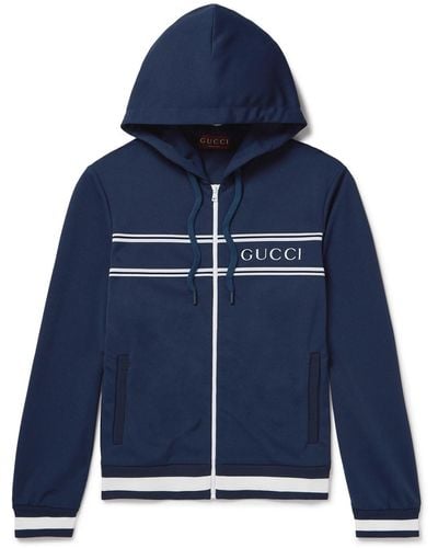 Gucci Logo-print Striped Tech-piqué Zip-up Hoodie - Blue