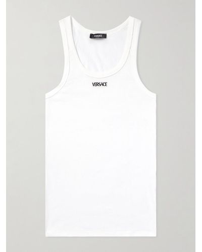 Versace Canotta in jersey di cotone stretch a coste con logo ricamato - Bianco