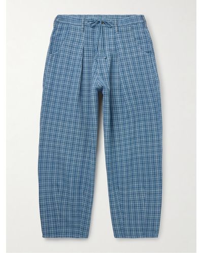 STORY mfg. Lush Tapered Pleated Checked Organic Cotton Drawstring Trousers - Blue