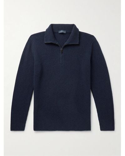 Thom Sweeney Pullover in misto lana merino e cashmere a coste con mezza zip - Blu