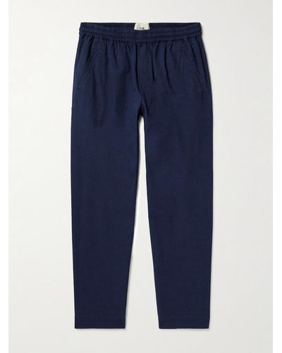 Folk Assembly Cropped Tapered Washed Cotton-piqué Trousers - Blue