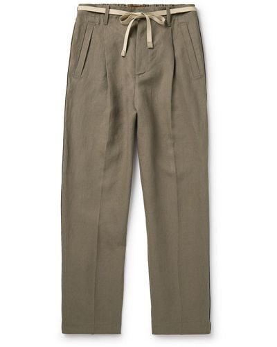Zegna Slim-fit Belted Pleated Slubbed Oasi Lino Pants - Green