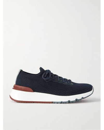 Brunello Cucinelli Leather-trimmed Stretch-knit Trainers - Blue