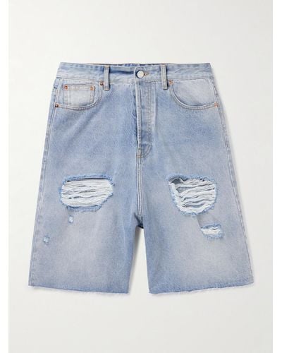 Vetements Destroyed Wide-leg Distressed Denim Shorts - Blue