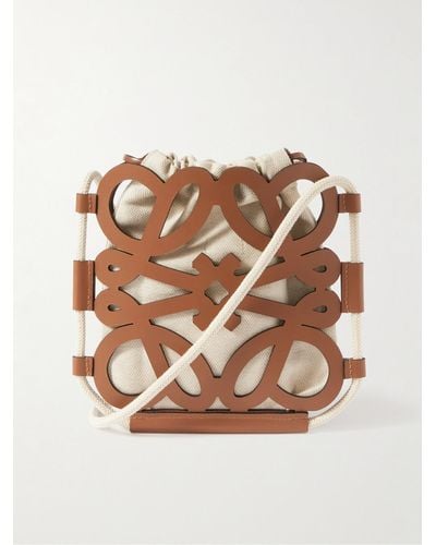 Loewe Paula's Ibiza Anagram Cutout Leather And Herringbone Canvas Pouch - Brown