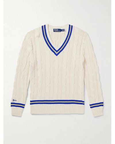 Polo Ralph Lauren Pullover aus Baumwolle in Zopfstrick mit Streifen - Weiß